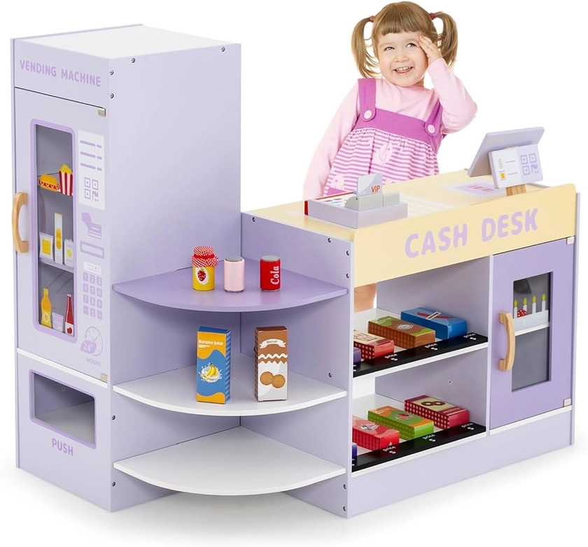 Maxmass Kids Pretend Grocery Store, Wooden Children Supermarket Playset with Rich Accessories, Vending Machine, Scanning Area, POS Machine & Screen, Toddler Play Shop for 3-8 Years Old (Purple, 13PCS) : Amazon.co.uk: Toys & Games