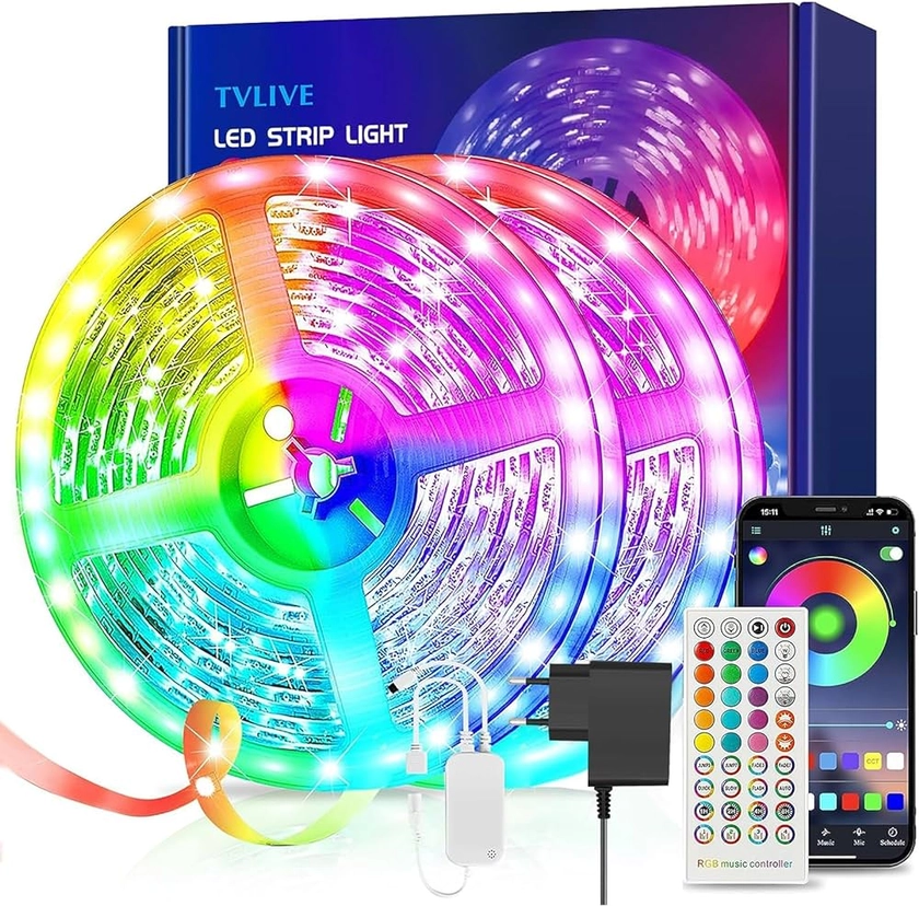 TVLIVE Ruban LED 30M(15M*2) RGB LED Ruban Musique Bande Contrôlé par APP du Smartphone, Synchroniser avec Rythme, 16 Millions de Couleurs, Lumineuse pour Maison Décoration