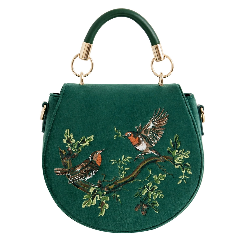 Fable England Robin Love Velvet Embroidered Saddle Bag - Fern Green by Fable England