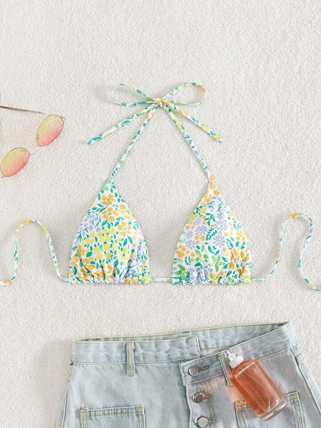 SHEIN Swim Mod Ditsy Floral Print Halter Triangle Bikini Top
