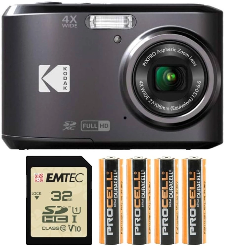 Kodak PIXPRO FZ45 Digital Camera (Black) Bundle with 32GB Class 10 UHS-I U1 SDHC Memory Card and AA High-Performance Alkaline Batteries (4-Pack) (3 Items)