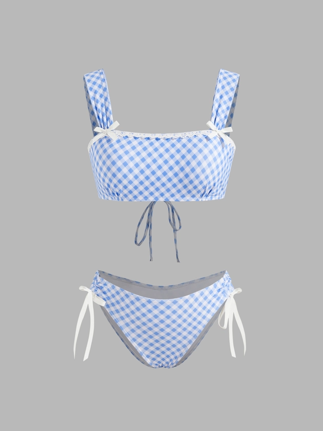 Knit Fabric Square Neck Bowknot Gingham Bracelet Cheeky Bikini Set