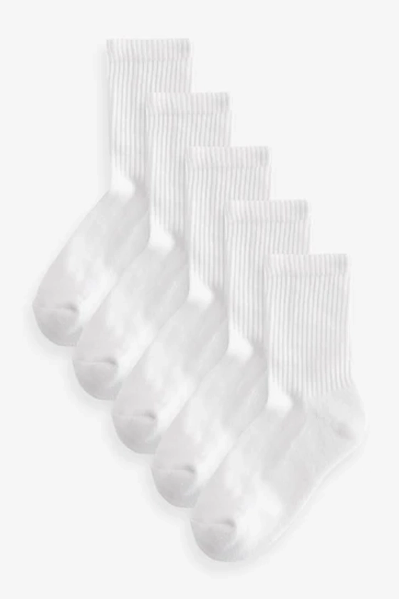 White Regular Length Cotton Rich Cushioned Footbed Ribbed Ankle Socks 5 Pack