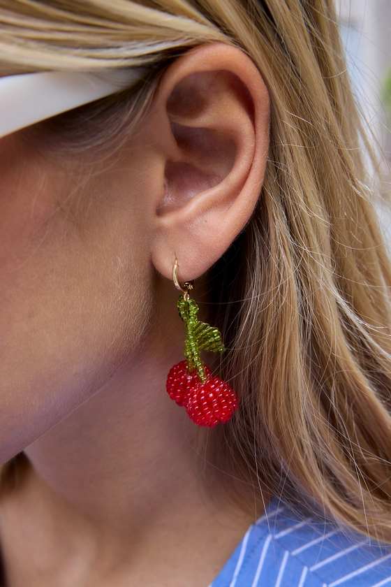 Beaded Cherries Earrings Red
