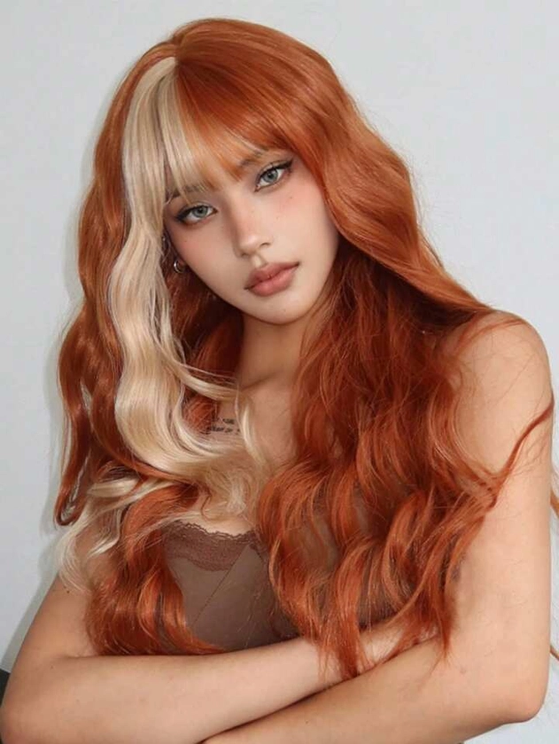 66.04 Cm Orange Wig With Blonde Highlights, Long Curly Wavy Wigs With Bangs For Women Synthetic Wavy Wig Colored Cosplay Wig For Daily Party Use