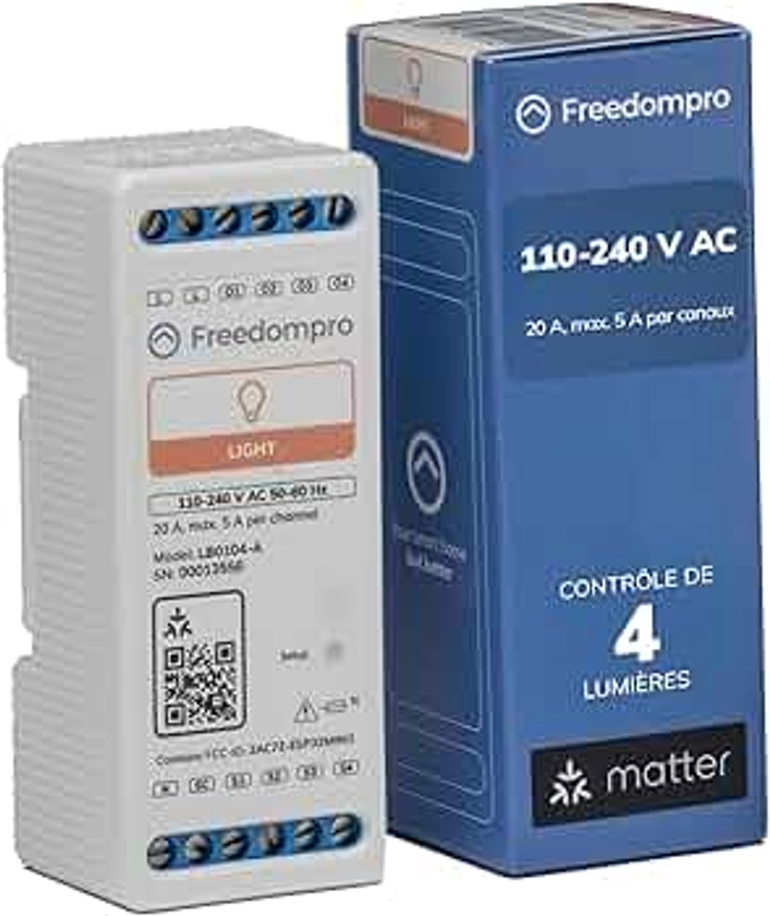 Freedompro Module Lumières DIN LB0104-A, Interrupteur WiFi Intelligent 4 Canaux, Domotique, Compatible avec HomeKit Apple, Alexa, Google Home, Matter, sans Hub, 110-230V, pour Boîte de Dérivation