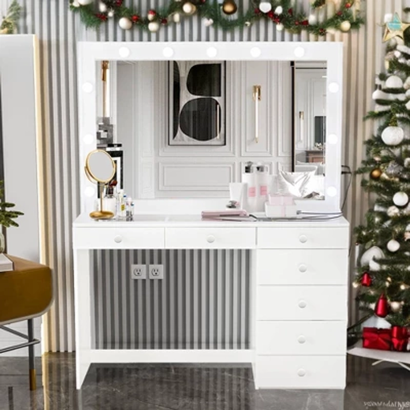 Kate Lighted Makeup Vanity White - Boahaus: 7 Drawers, 58.2" H, Modern Design with 11 LED Bulbs