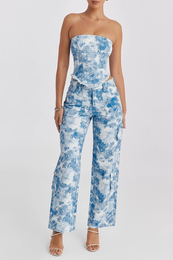 Clothing : Trousers : Blue Floral Print Cargo Jeans - CHR3918