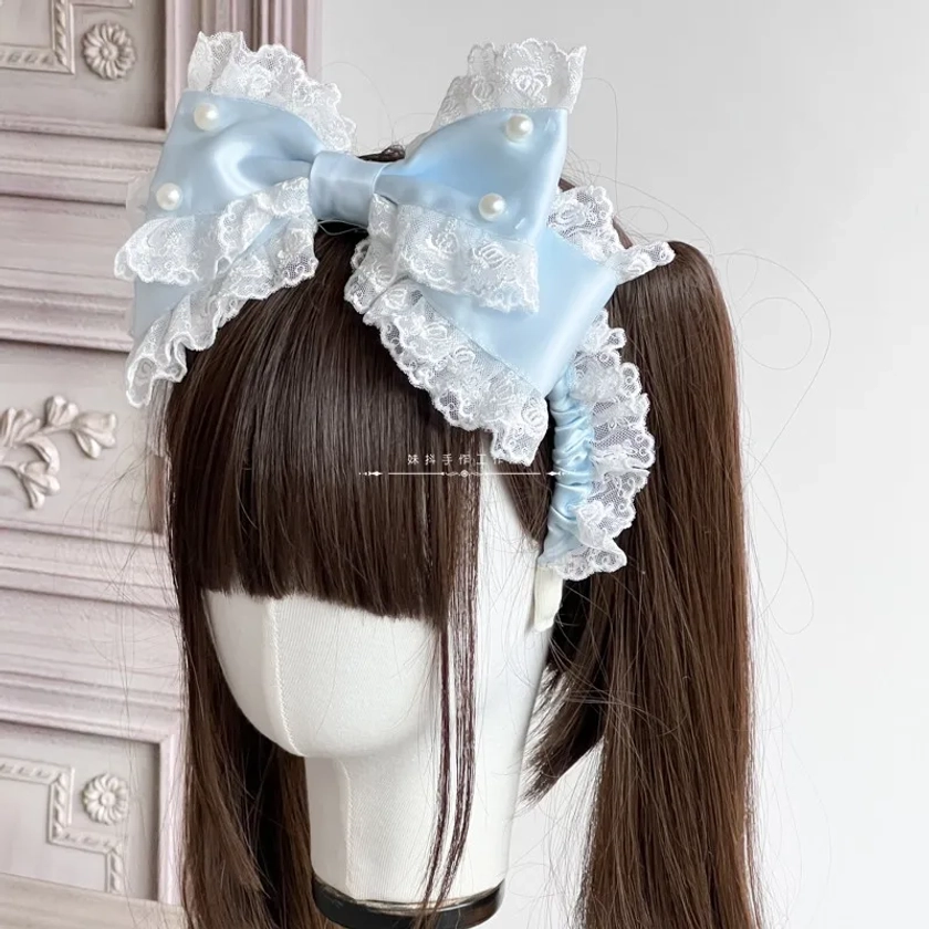 Banda para el pelo con perlas de encaje hecho a mano, Diadema con lazo Kc, Lolita, humor, rosa, azul, lindo, Original, Harajuku, limitado - AliExpress