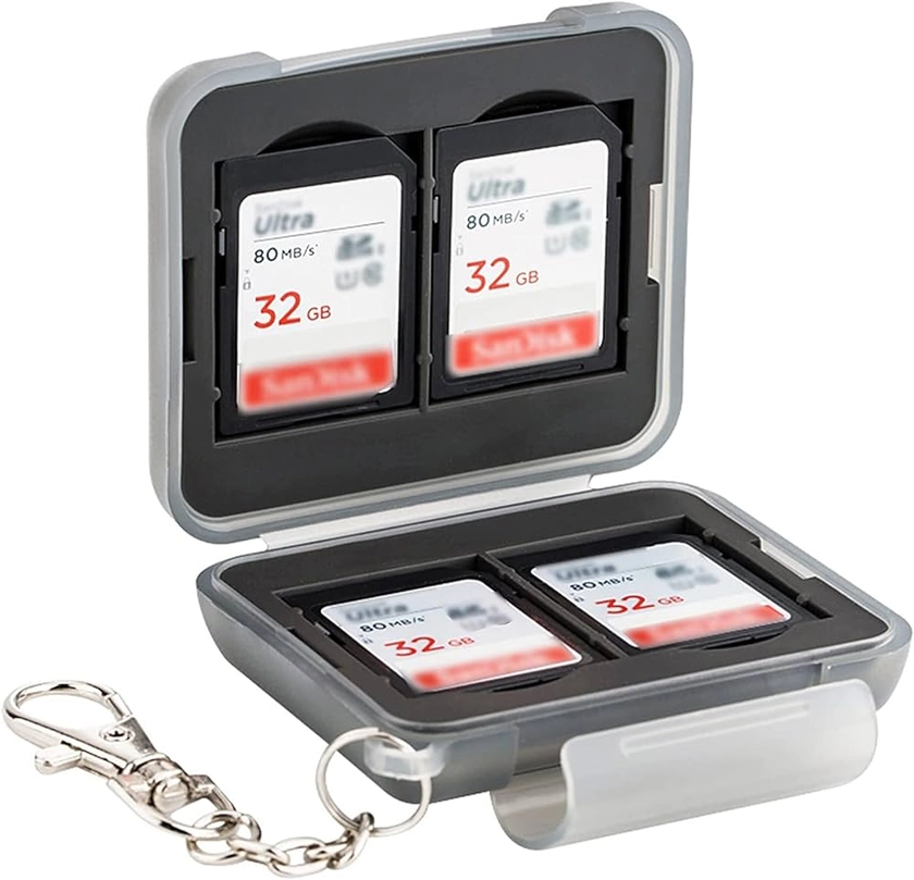 PROfezzion Porte-Cartes SD Étui de Transport SD Card Holder pour Cartes Mémoire en Plastique Résistant à l'eau pour 4 Cartes SD SDHC SDXC avec Mousqueton, Gris