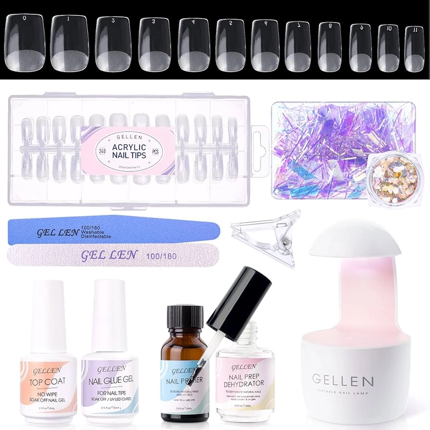 Amazon.com: Gellen Gel Nail Kit, 240Pcs Nail Tips Short Square Shape with 3 In 1 Nail Glue and Portable Nail Lamp, Nail Dehydrator and Primer, Acrylic Nail Clip for DIY Nail Art Home Manicure Kit Gift for Women : Beauty & Personal Care