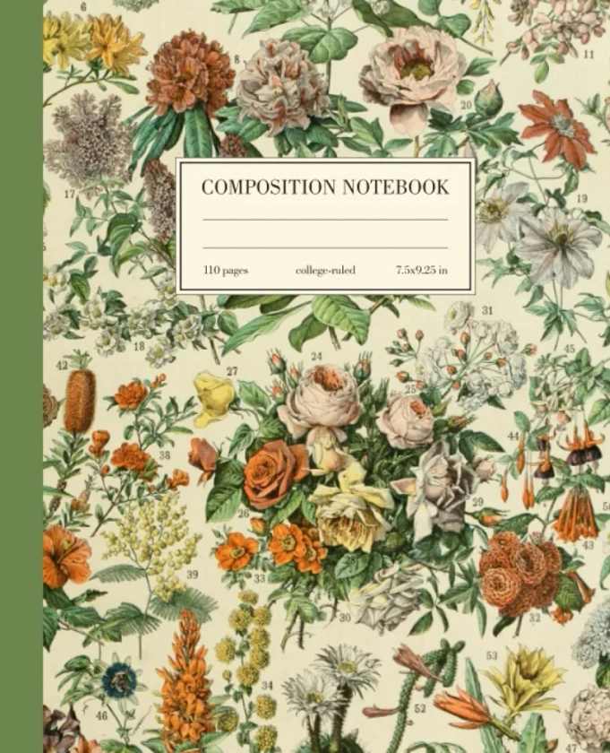 Composition Notebook College Ruled: Floral Vintage Botanical Illustration | Cute Flower Aesthetic Journal For Girls, Teens, Women | Wide Lined
