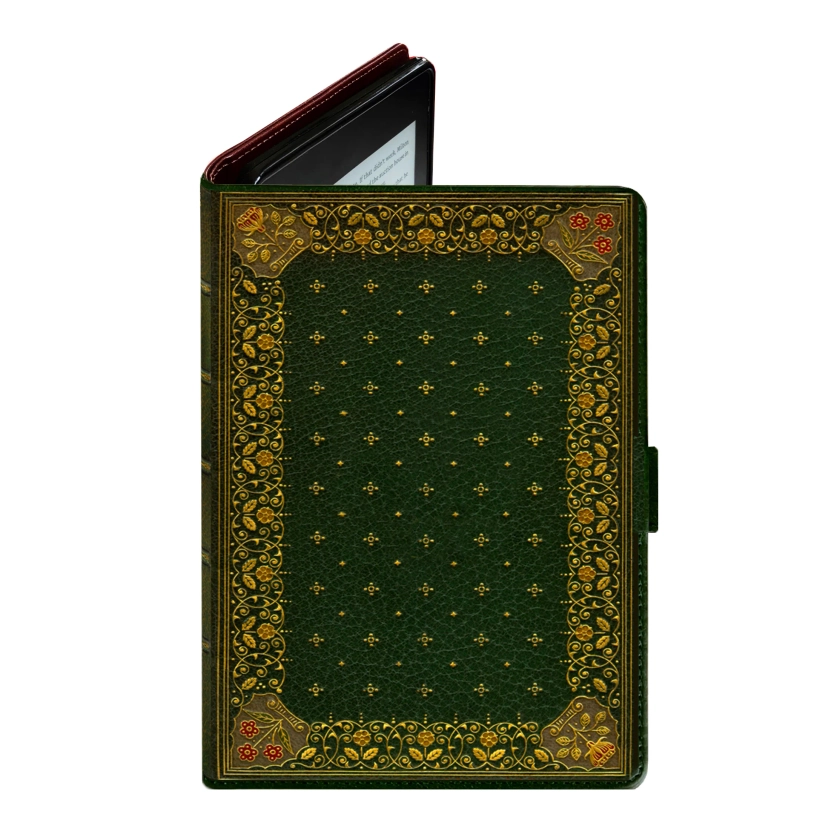 Luxury Faux Leather Book Look Kindle Case Ornate Olive Green Cover – KleverCase