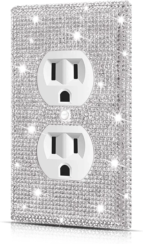 Wall Plate Outlet Covers, Plug Covers for Electrical Outlets, Standard Size 4.50" x 2.76", Dengduoduo Silver Rhinestones Bling Decorative Light Switch Cover Plate for Bedroom Accessories Home Decor