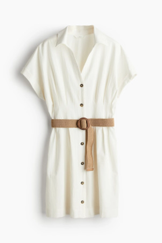 Robe chemise avec ceinture - Encolure en V - Manches courtes - Blanc/motif bleu - FEMME | H&M FR