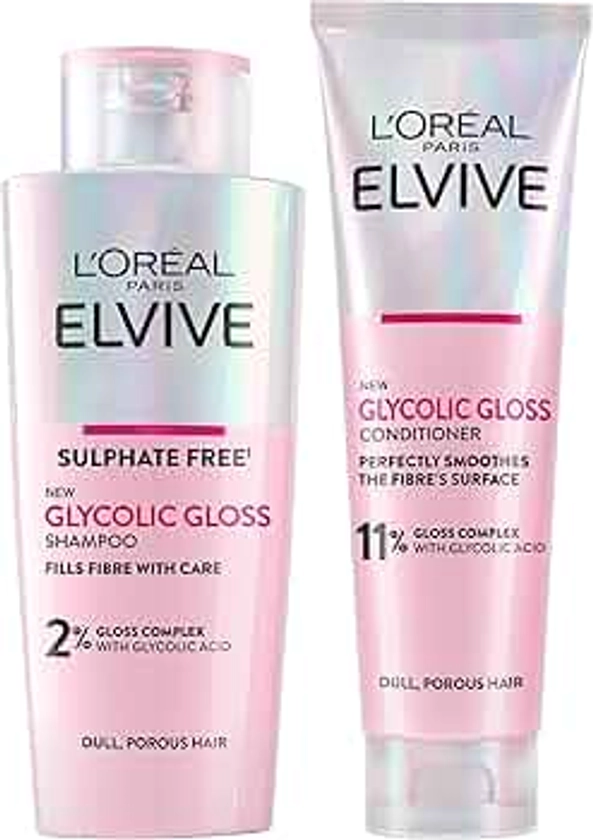 L'Oréal Paris Elvive Glycolic Gloss Shampoo and Conditioner Set for Dull Porous Hair, Get The Shiniest Hair of Your Life, Glossing Routine for Mirror-Like Shine