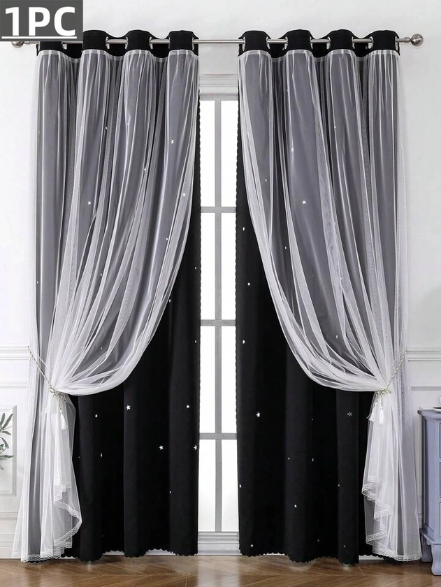 1 Pieza Cortina Negra Con Patrón De Estrellas, Adecuada Para La Sala De Estar Y El Dormitorio, Hecha De Tela Gruesa Y Tela Transparente, Bloqueo De Luz Y Oscurecimiento Perfectos, Ideal Para Decoración De Festivales Y Estilo De La Encantadora Princesa