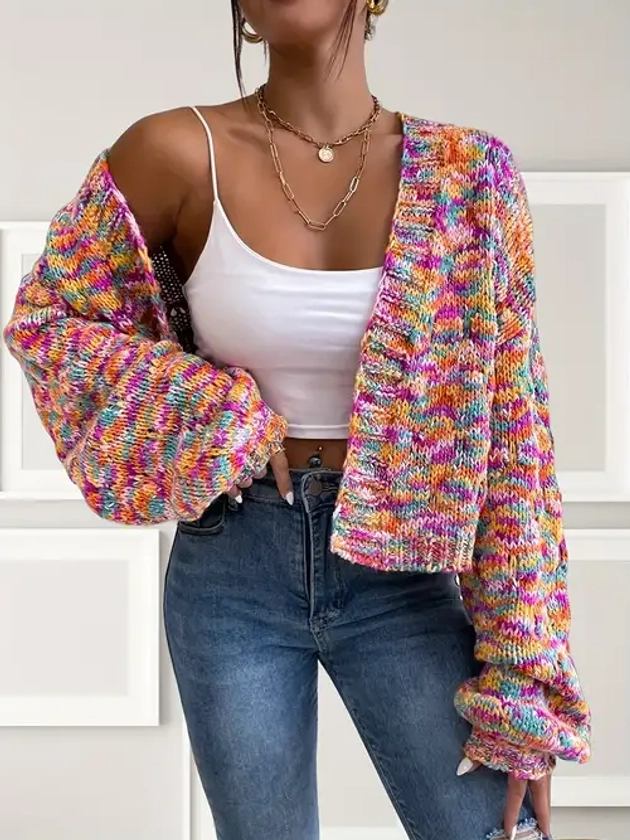 Colorful Open Front Chunky Knit Cardigan, Casual Long Sleeve Loose Sweater, Women's Clothing