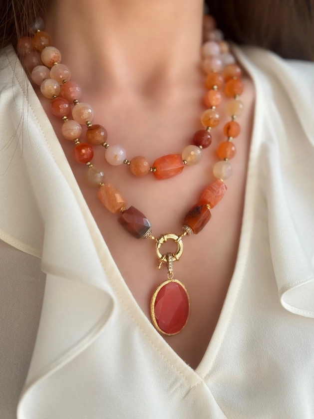 Agate Necklace, Statement Jewelry for Women, Big Bold Orange Gemstone Jewelry, Beaded Necklace, Anniversary Gift for Her - Etsy