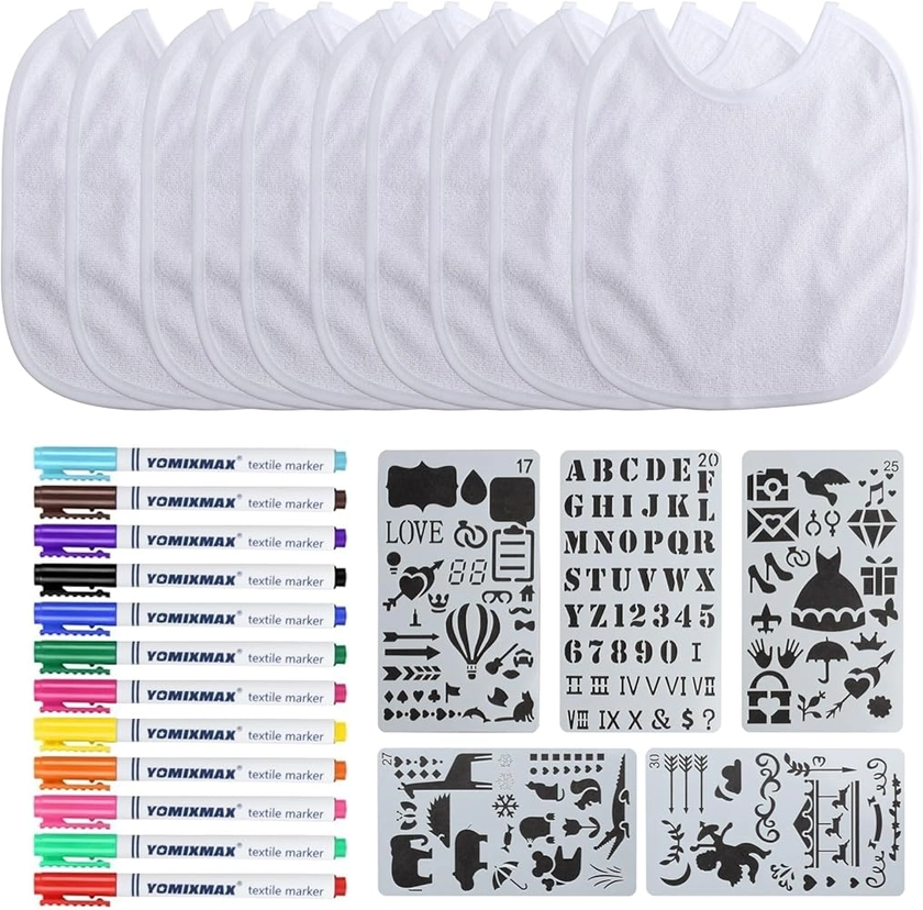 12 Pcs Bavoirs pour Peinture, Bavoirs Blancs pour Bébé, Bavoirs Bebe de Peinture, Bavoirs Imperméables en Coton pour Fête de Bébé, Décoration de Fête Prénatale, avec 12 Stylos Textiles, 5 Règles