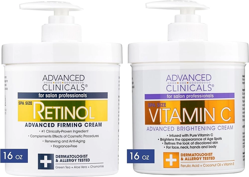 Advanced Clinicals Retinol Body Lotion + Brightening Vitamin C Cream 2pc Skin Care Set | Skin Tightening Body Moisturizer & Face Lotion | Crepey Skin Care Treatment | Skin Care Products, 2pc Set