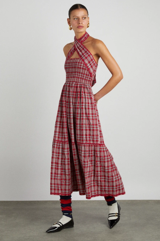 pia midi dress - red check