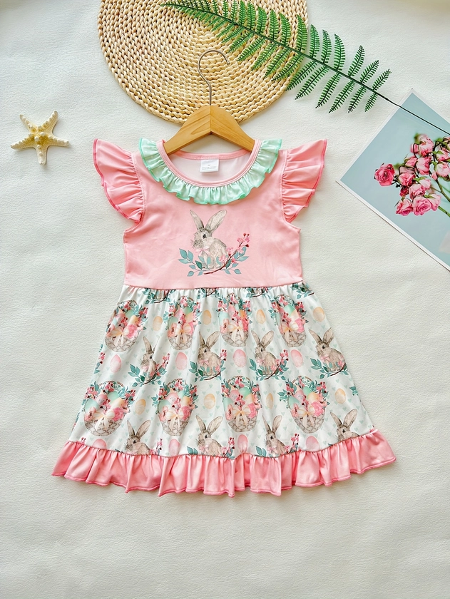 Cute Bunny Graphic Flutter Trim Sleeveless Dress Girls Sweet Dresses Summer Easter Gift
