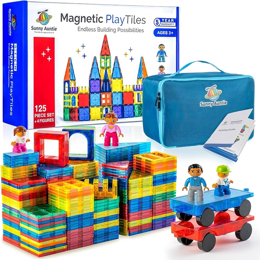 SUNNY AUNTIE Magnetic Tiles 125 PCS + 4 FIGURES, Toy for 3 4 5 6 7 Year Old Boys & Girls, Educational Construction STEM Toy, Magnetic Tiles Building Set, Great Gift for Kids Aged 3-8