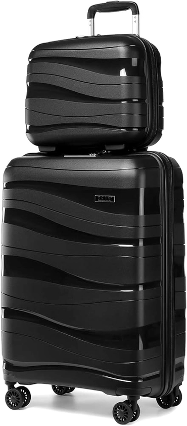 Kono Luggage Sets of 2 Piece Lightweight Polypropylene Hard Shell Suitcase with TSA Lock Spinner Wheels Travel Carry On Hand Cabin Luggage with Beauty Case (Set of 2, Black)