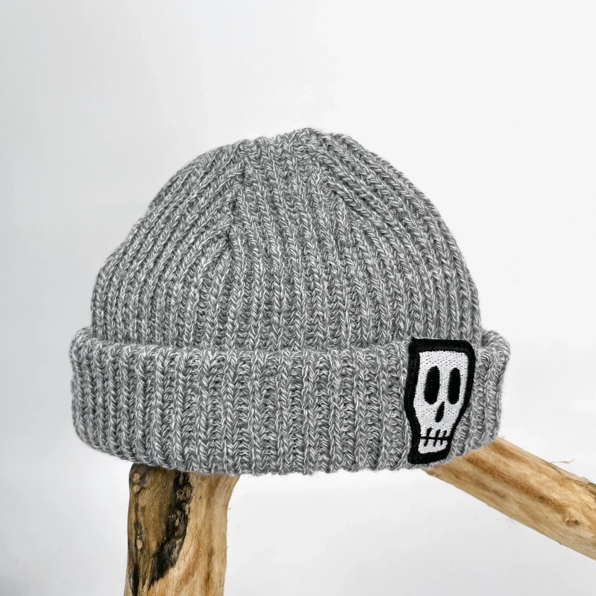 Kids Trawler Beanie - Grey with Embroidered Skull Logo