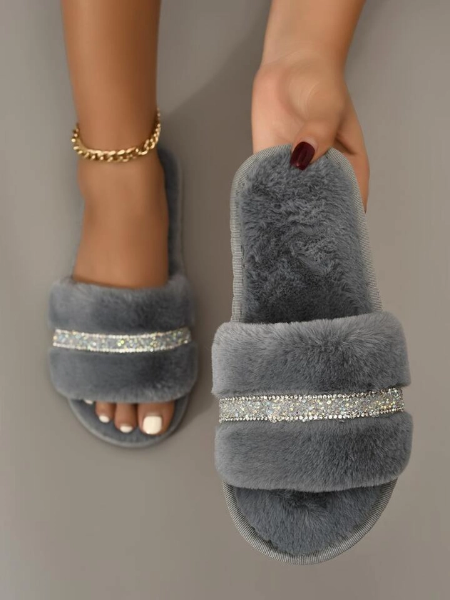 Women's Grey Fashionable Rhinestone Decor Pure Color Bedroom Slippers