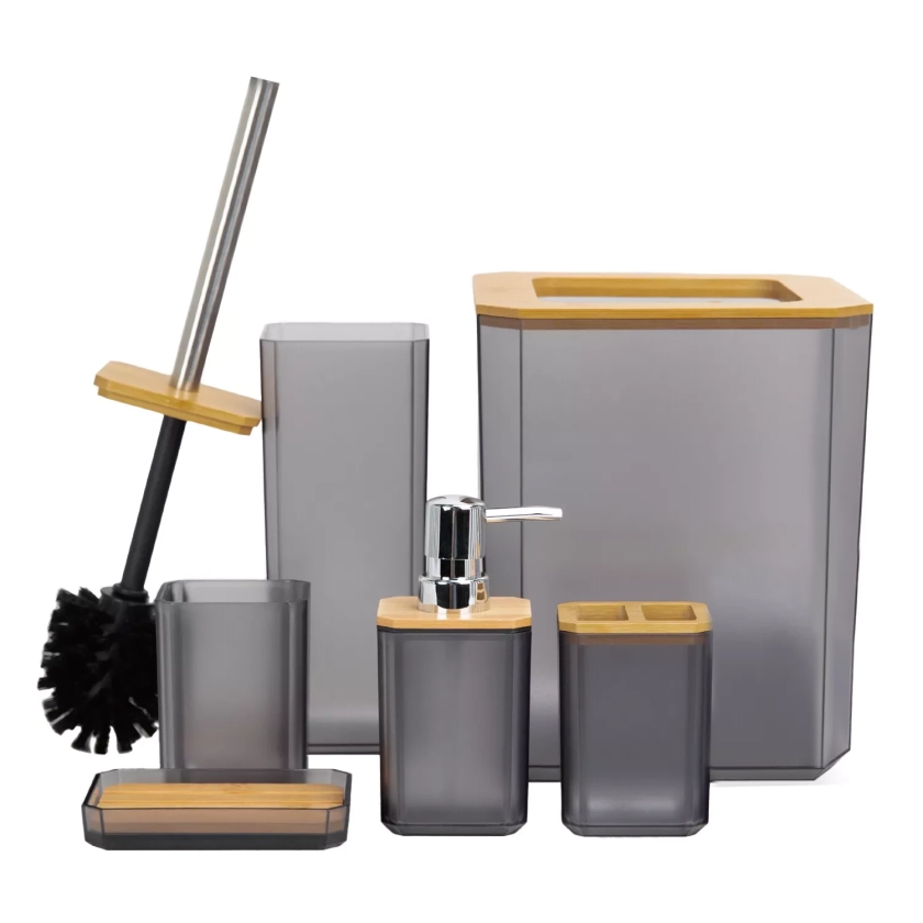 6 Pieces Bamboo Bathroom Accessories Set Including Soap Dish Toothbrush Holder Toothbrush Cup Soap Dispenser Trash Can and Toilet Brush Gray | Rayane's Beautiful Homes | Beirut, Lebanon