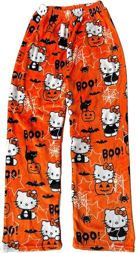 Cartoon Pajamas Pants for Women Girls Cute Cat Print Flannel Sleep Bottoms Halloween Christmas Sleepwear