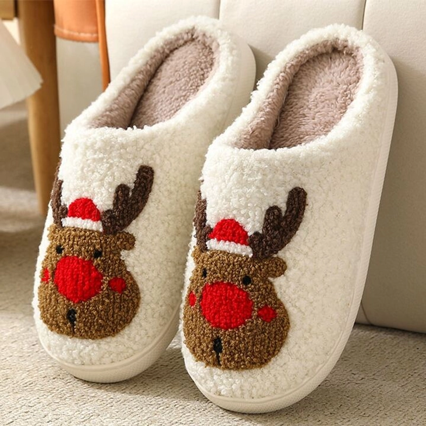 Women Warmth Couple Slippers Cartoon Embroidery Reindeer Slippers Christmas-Themed Comfortable And Warm Slippers For Autumn And Winter