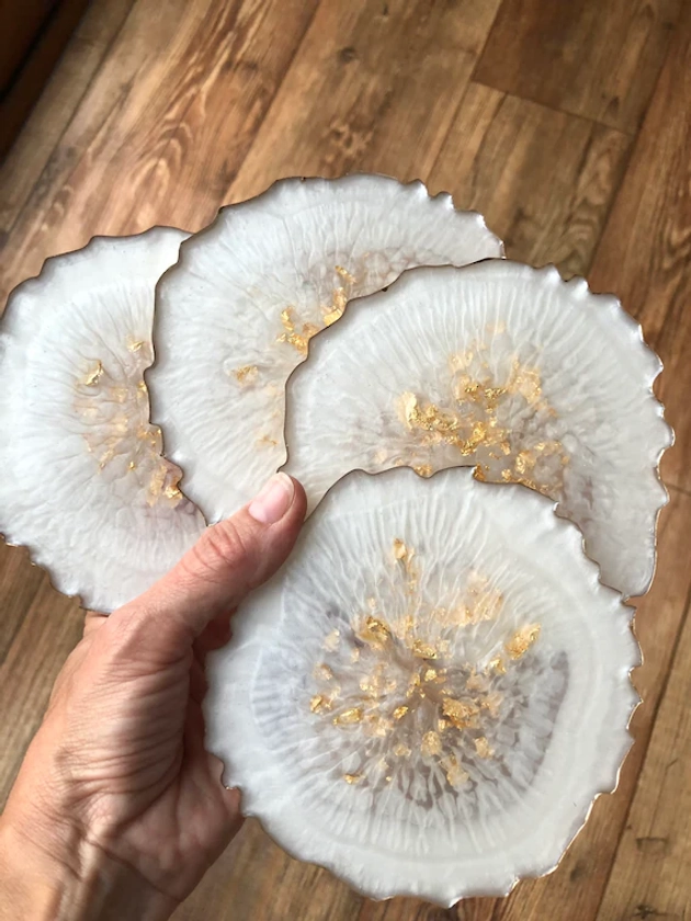 White & Gold Leaf Agate Geode Style Beautiful Resin Coasters glitter bespoke