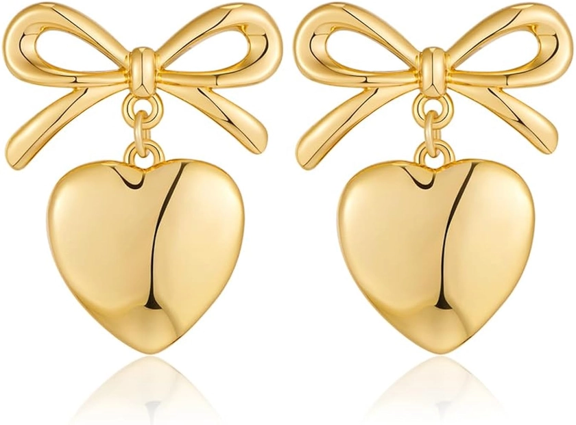 Gold Heart Dangle Earrings For Women Ribbon Bow Dangle Earrings