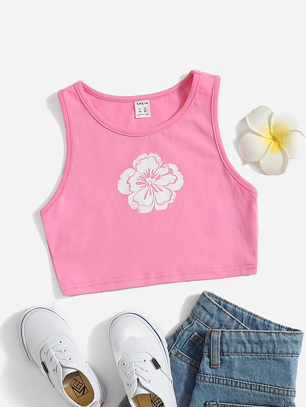 SHEIN Tween Girl Floral Print Crop Tank Top