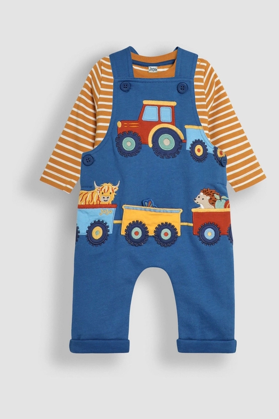 JoJo Maman Bébé Blue Tractor & Trailer Appliqué Dungarees & Top Set