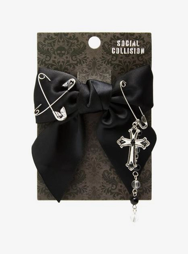 Social Collision Black Safety Pin Cross Hair Bow | Hot Topic