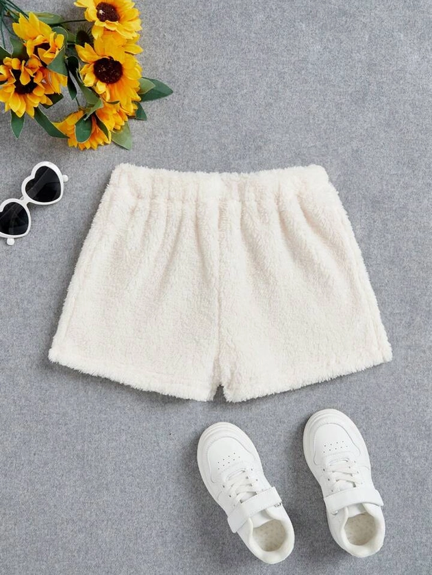 SHEIN Solid Colored Fleece Lined Shorts For Tween Girls, Suitable For Autumn And Winter