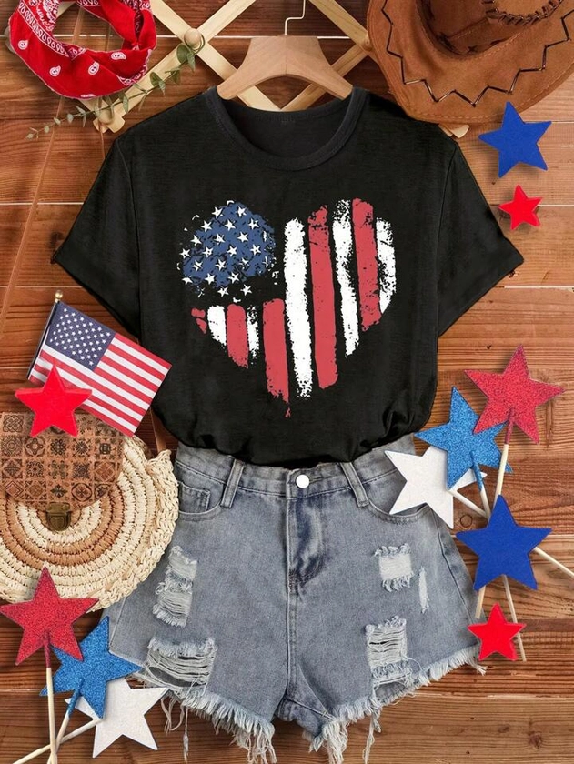 Tween Girls' Summer Heart & Americana Print Round Neck Casual Short Sleeve T-Shirt, 4th Of July Outfit