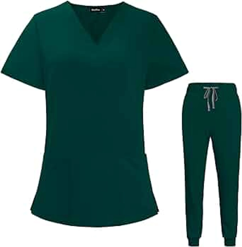 Scrubs Set for Women Joggers V-Neck Pocket Top Uniforms (Green, L)