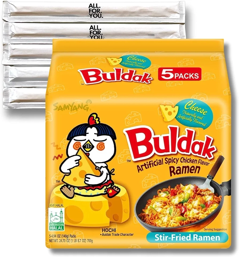 Buldak Ramen Noodles - Cheese Flavor - 5 Pack - Spicy Ramen Noodles Samyang Buldak Ramen Korean Spicy Hot Chicken Stir-Fried Noodles Bundle with 5 ALL.FOR.YOU. Branded Chopsticks