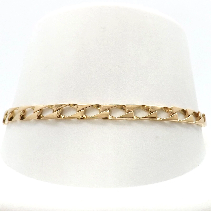 14k Gold Rectangle Curb Link Bracelet Italy Long Over 8in