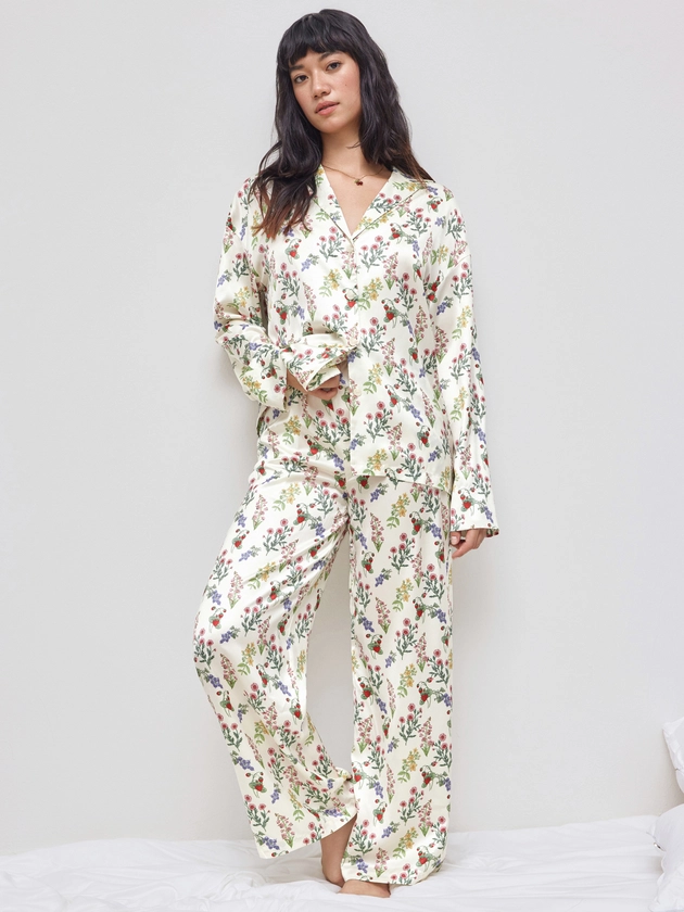 Satin Satin Collar Floral Long Sleeve Top & Mid Rise Wide Leg Trouser Loungewear Set For Home Bedroom