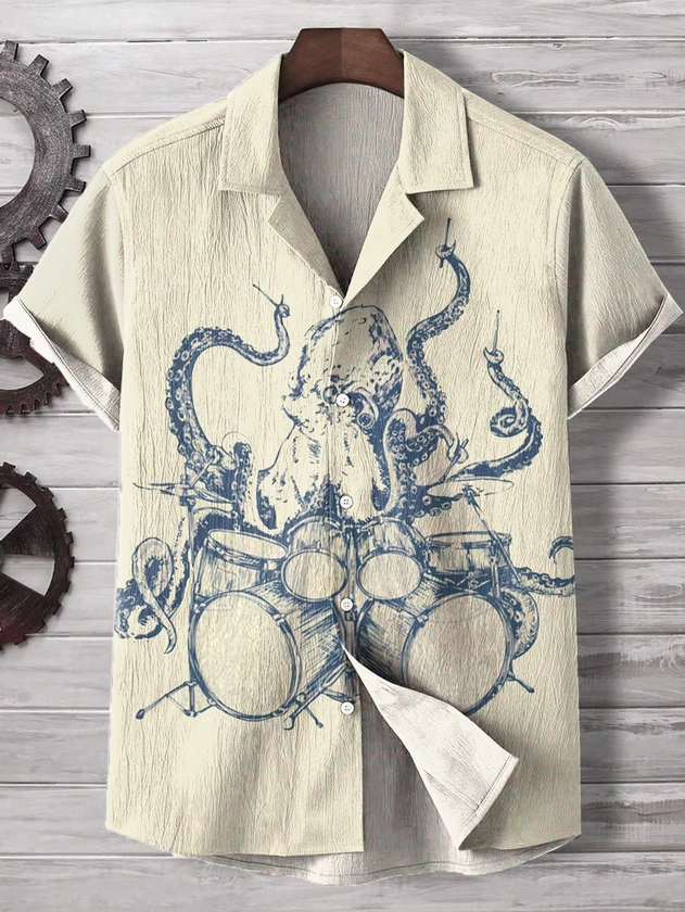 Men's Retro Fun Drum Set Octopus Art Print Casual Shirt