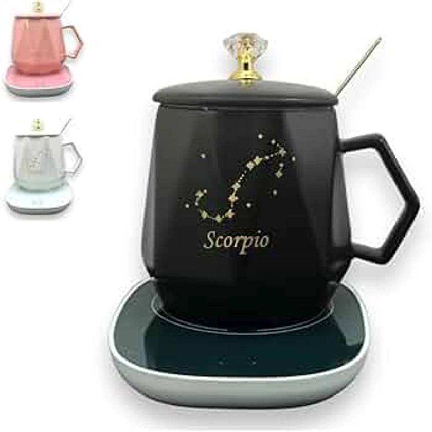 Zodiac Sign Star Self Heating Coffee Mug - Astrology Coffee Mugs, Constellation, Astrology Zodiac Signs, Coffee Warmer Mug, Ceramic Coffee Mug with Hot Plate, Spoon & Lid - Scorpio - Black