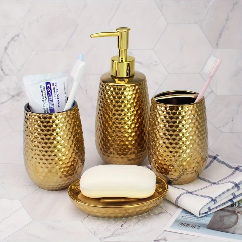 4pcs Bathroom Accessory Set, Includes Lotion Dispenser, Soap Dish, Tumbler And Toothbrush Holder, Suitable For Bathroom Decoration, Housewarming Gift