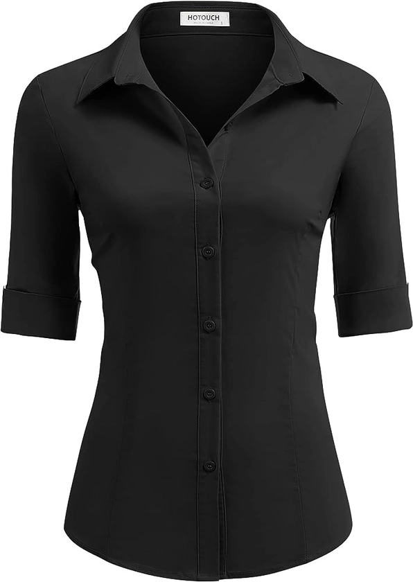 HOTOUCH Women's Basic Button Down Shirts 3/4 Sleeve Stretch Button Up Dress Shirt Slim Fit Waitress Work Shirts