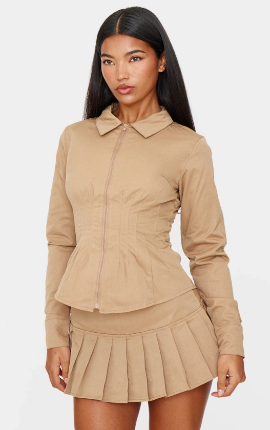 Tan Zip Front Fitted Long Sleeve Jacket